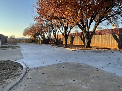 A driveway lined with trees and a wooden fence on one side, creating a serene outdoor setting.
