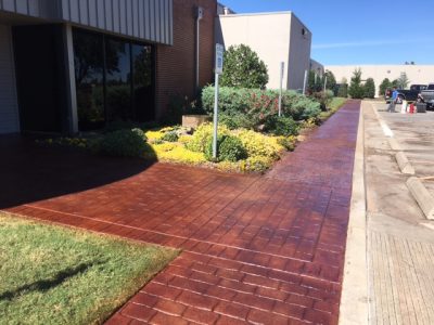 A brick walkway bordered by vibrant plants and colorful flowers, creating a charming outdoor pathway.